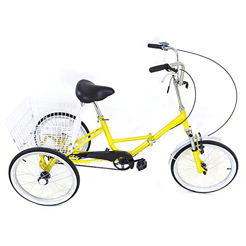 WooDerson 20 Inch Tricycle For Adults, Foldable 3 Wheel Bike Max Load 110Kg, Carbon Steel, Yellow Bicycle 1 Speed, With Basket, Elderly Friendly, For Park Shopping Exercise Etc