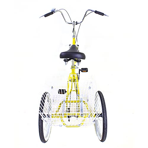 WooDerson 20 Inch Tricycle For Adults, Foldable 3 Wheel Bike Max Load 110Kg, Carbon Steel, Yellow Bicycle 1 Speed, With Basket, Elderly Friendly, For Park Shopping Exercise Etc