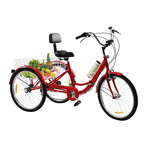 ROMYIX Tricycle for Adults Tricycle 24 Inch Bicycle with Basket 3-Wheel Bicycle for Adults Adults Tricycle 3-Wheel Tricycle