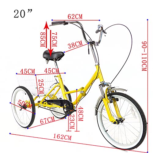 WooDerson 20 Inch Tricycle For Adults, Foldable 3 Wheel Bike Max Load 110Kg, Carbon Steel, Yellow Bicycle 1 Speed, With Basket, Elderly Friendly, For Park Shopping Exercise Etc