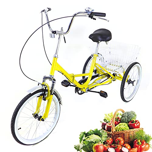 WooDerson 20 Inch Tricycle For Adults, Foldable 3 Wheel Bike Max Load 110Kg, Carbon Steel, Yellow Bicycle 1 Speed, With Basket, Elderly Friendly, For Park Shopping Exercise Etc