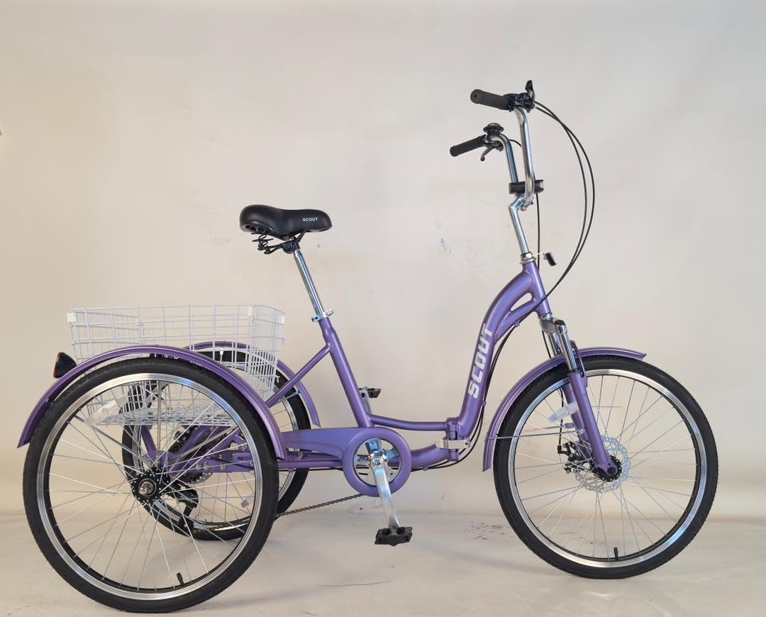 Folding tricycle, tricycle, 24" wheels, three wheel bicycle, trike with 6 speed gears, folding trike (Matte Purple)