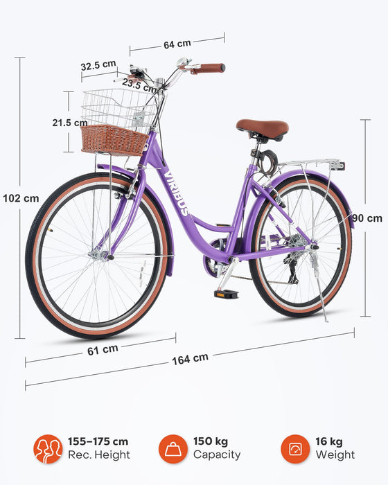 Viribus Women’s Cruiser Bike, 61 cm 7 Speed Bicycle for Women, Beach & City Cruiser Bike with Shimano Derailleur Rattan Basket Steel Rack, Step Through Bike for Women Adults, Purple