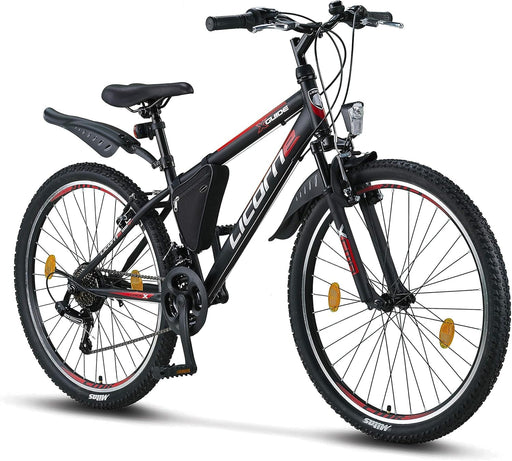 Licorne Bike Effect Premium Mountain Bike 26 inch Wheels Black, Red & Grey – Bicycle for Boys, Girls, Men and Women –21 Gear Speed – Front Suspension Mountain Bike