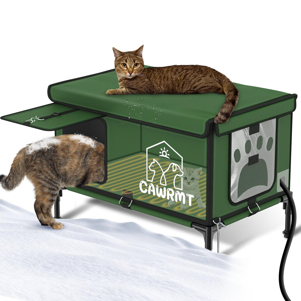 Heated Cat House - Outdoor, Waterproof, Insulated, Heating Pad, Green