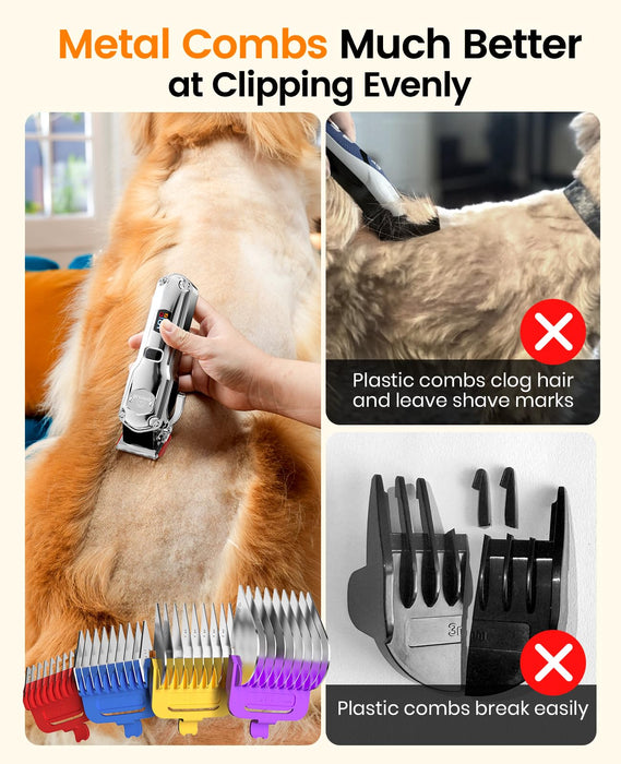 oneisall Dog Clippers - Cordless, Rechargeable, Low Noise, Metal Combs