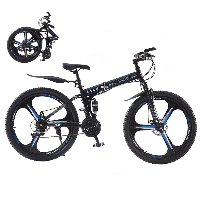 TRIOBLADE 27.5 Inch Folding Mountain Bike 21-Speed Shimano Foldable Mountain Bicycle with Dual Disc Brakes 3 Spoke Wheels Mountain Bikes,Dual Suspension Design for Adult Men Women (Black & Blue)