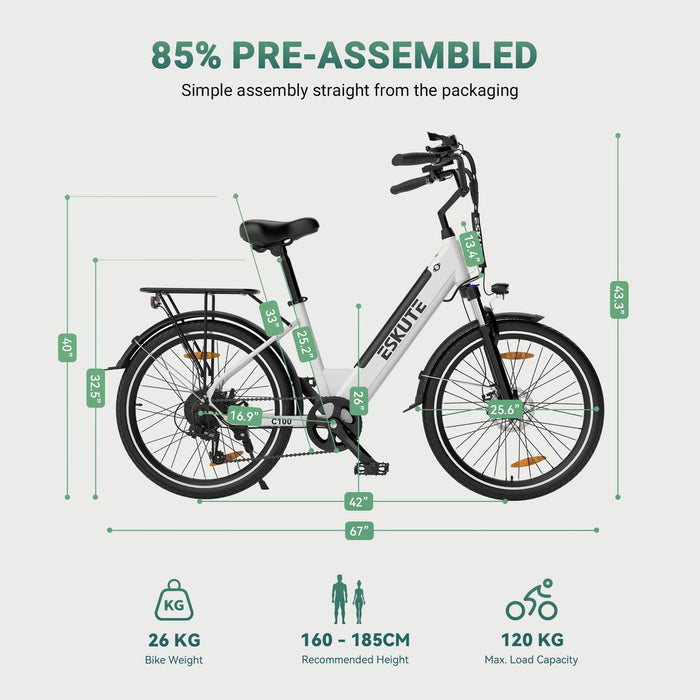 ESKUTE C100 Electric Bike, 26" Electric Commuter Bicycle, 250W Brushless Motor, 36V 10.4Ah Removable Battery, Top Speed 15.5mph, LCD Display, Step-Thru City Ebike for Adults Men Women