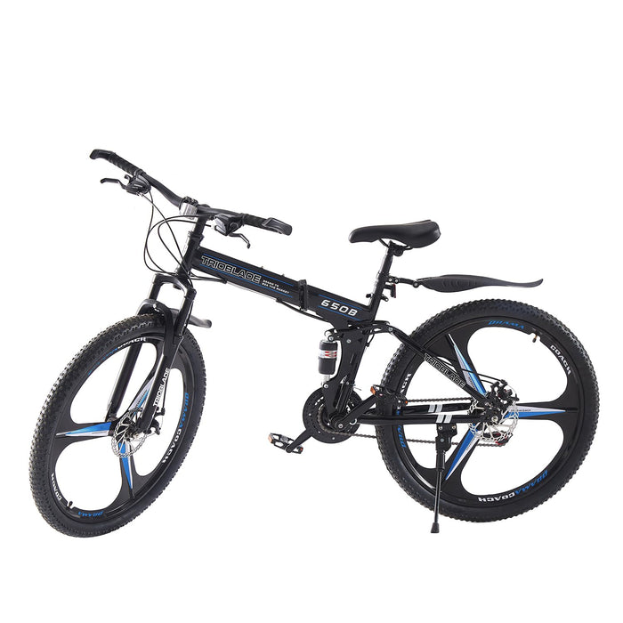 TRIOBLADE 26 Inch Folding Mountain Bike 21-Speed Shimano Foldable Mountain Bicycle with Dual Disc Brakes 3 Spoke Wheels Mountain Bikes,Dual Suspension Design for Adult Men Women (26" - Black& Blue)