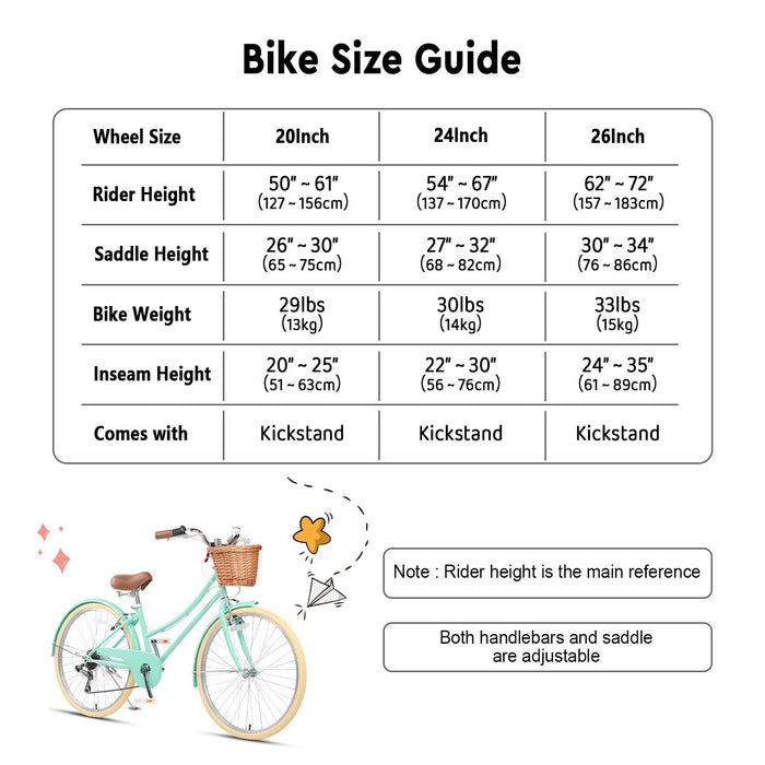 Glerc Missy 26" inch Girl Cruiser Youth Teen Woman Bike 6-Speed Teen Hybrid City Bicycle for Youth Ages 14 15 16 17 18 19 20 Years Old with Wicker Basket & Lightweight, Mint Green