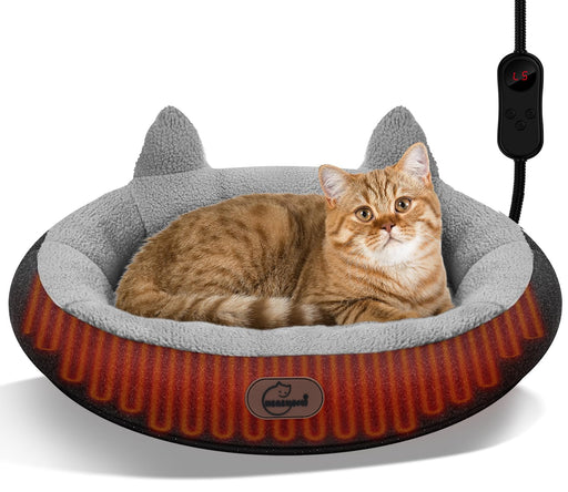 Heated Cat Bed - Timer, Temp Adjustable, Waterproof Pad, Cozy Donut, Gray