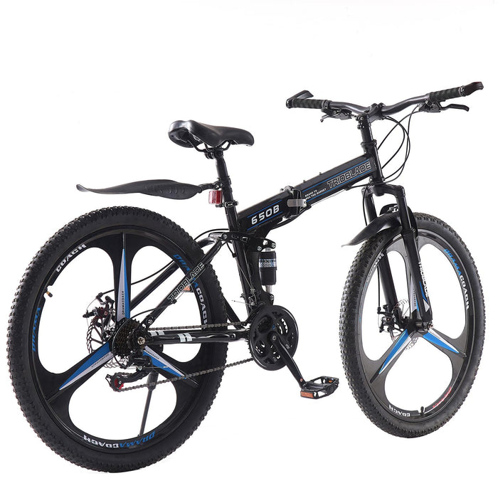 BSTSEL 26 Inch Adult Folding Mountain Bike, Dual Suspension Mountain Bikes with 26 Inches 3-Spoke Wheel, Shimano 21 Speed Mens and Womens Foldable Mountain Bicycle (26 Inch Black& Blue)