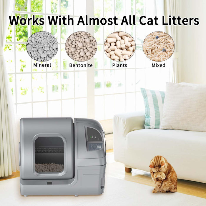 100L Self Cleaning Litter Box - App Control, Multi-Cat, Automatic, Gray