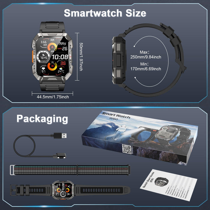 Military Smart Watch - Call Function, 100 Days Battery, Heart Rate, Compass