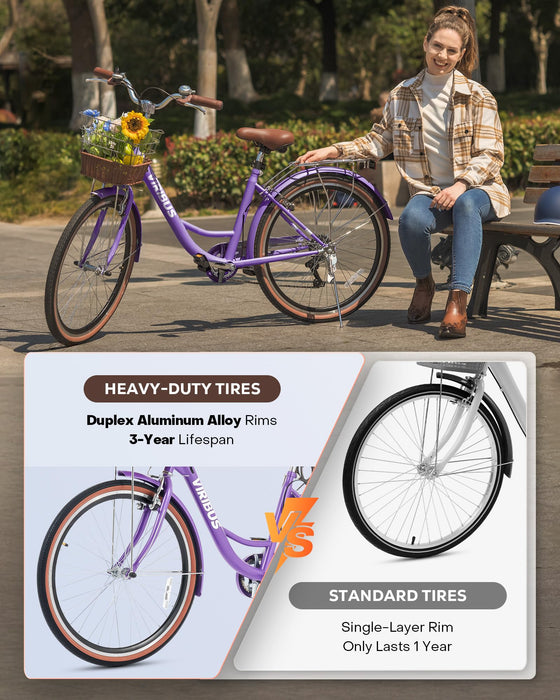 Viribus Women’s Cruiser Bike, 61 cm 7 Speed Bicycle for Women, Beach & City Cruiser Bike with Shimano Derailleur Rattan Basket Steel Rack, Step Through Bike for Women Adults, Purple