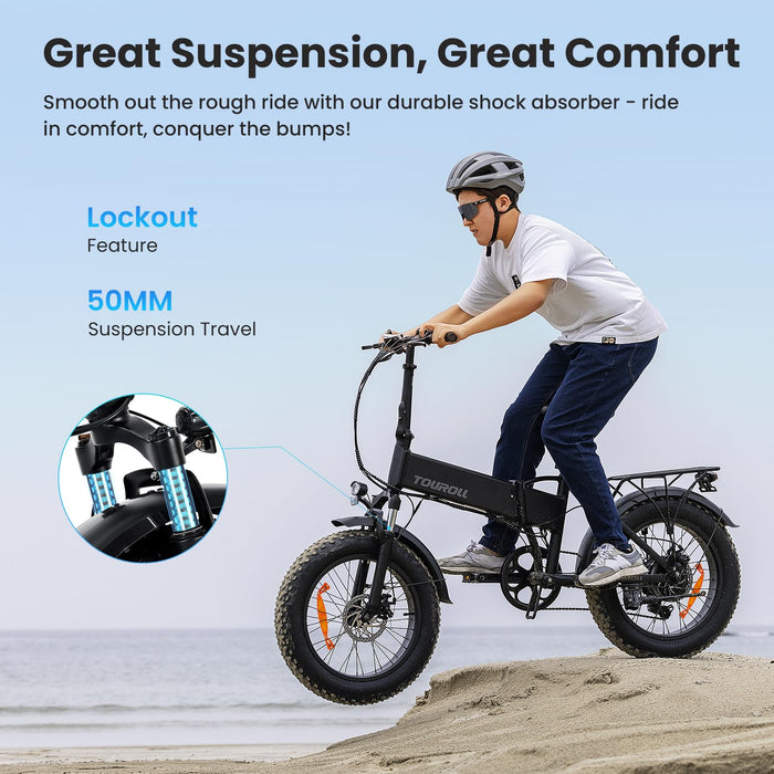 Touroll Electric Bike Folding E-bike, S1 20"×4.0" Fat Tire Electric Bicycle, 48V 15.6Ah Removable Battery, 50KM-100KM, 7 Speed, 60N.M Hub Motor E-bike for All Terrain, MTB/Beach/Snow