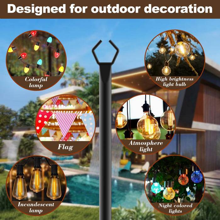 10Ft Outdoor String Light Poles (4 Pack) - Metal Stand with Fence Brackets for Deck, Patio, Backyard, Garden Hanging Lights