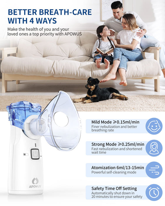 Portable Nebulizer - 3 Masks, Adjustable Rate, Handheld, Easy to Use